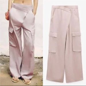 Zara Wide Leg Full Length Cargo Pocket Asymmetric Trouser Pants Pastel Mauve